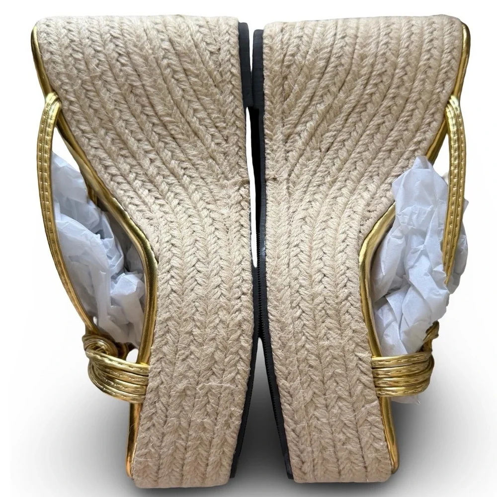 Gold Metallic Wedge Espadrille Platform Sandals Knotted Straps Square Toe Sz 6